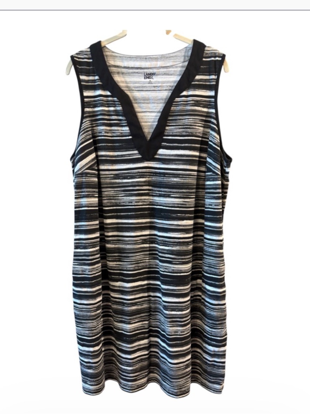Lands’ End 1X Black White Striped V Neck Sleeveless Dress